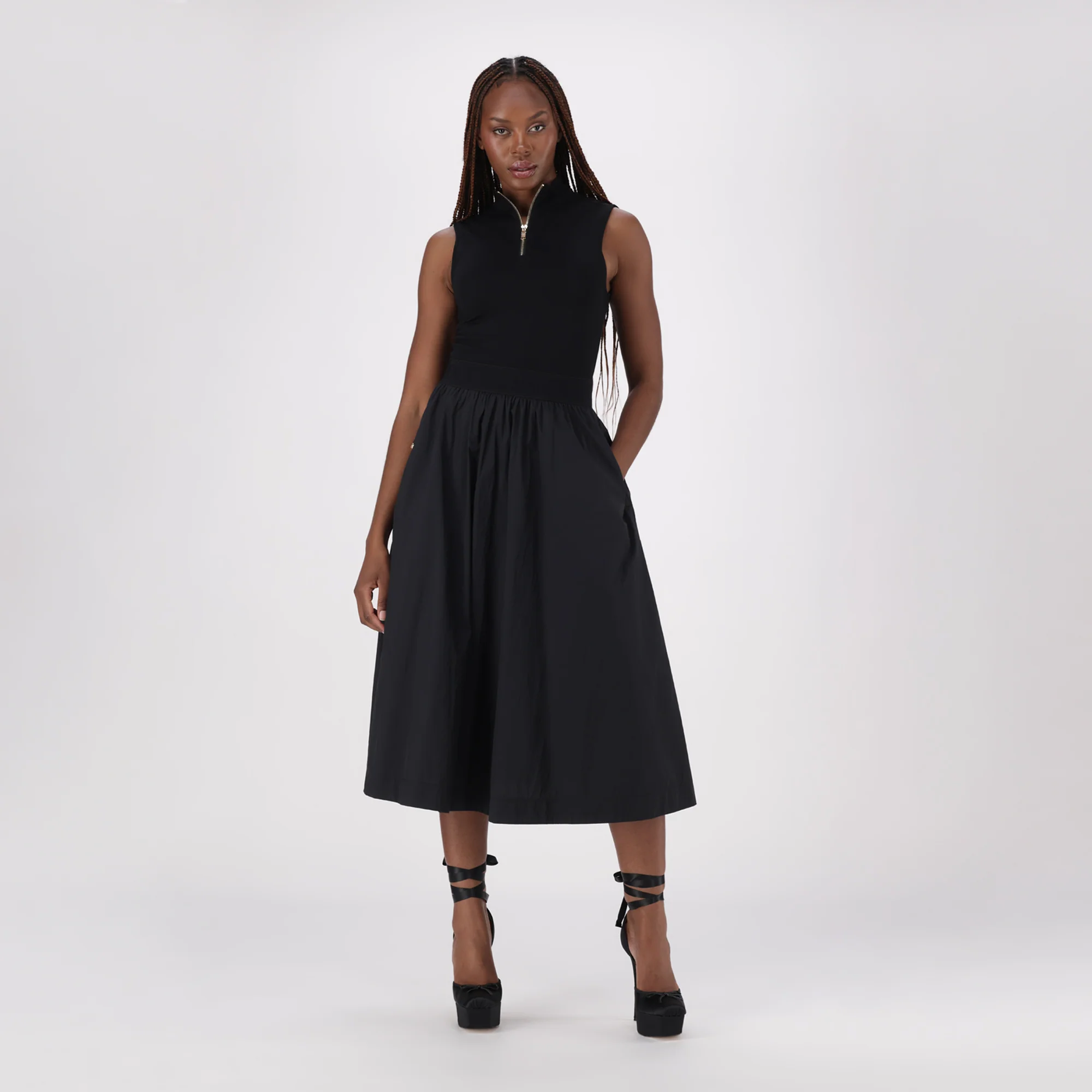 ZEETHA BLACK FIT & FLARE QUARTER ZIP MIDI DRESS