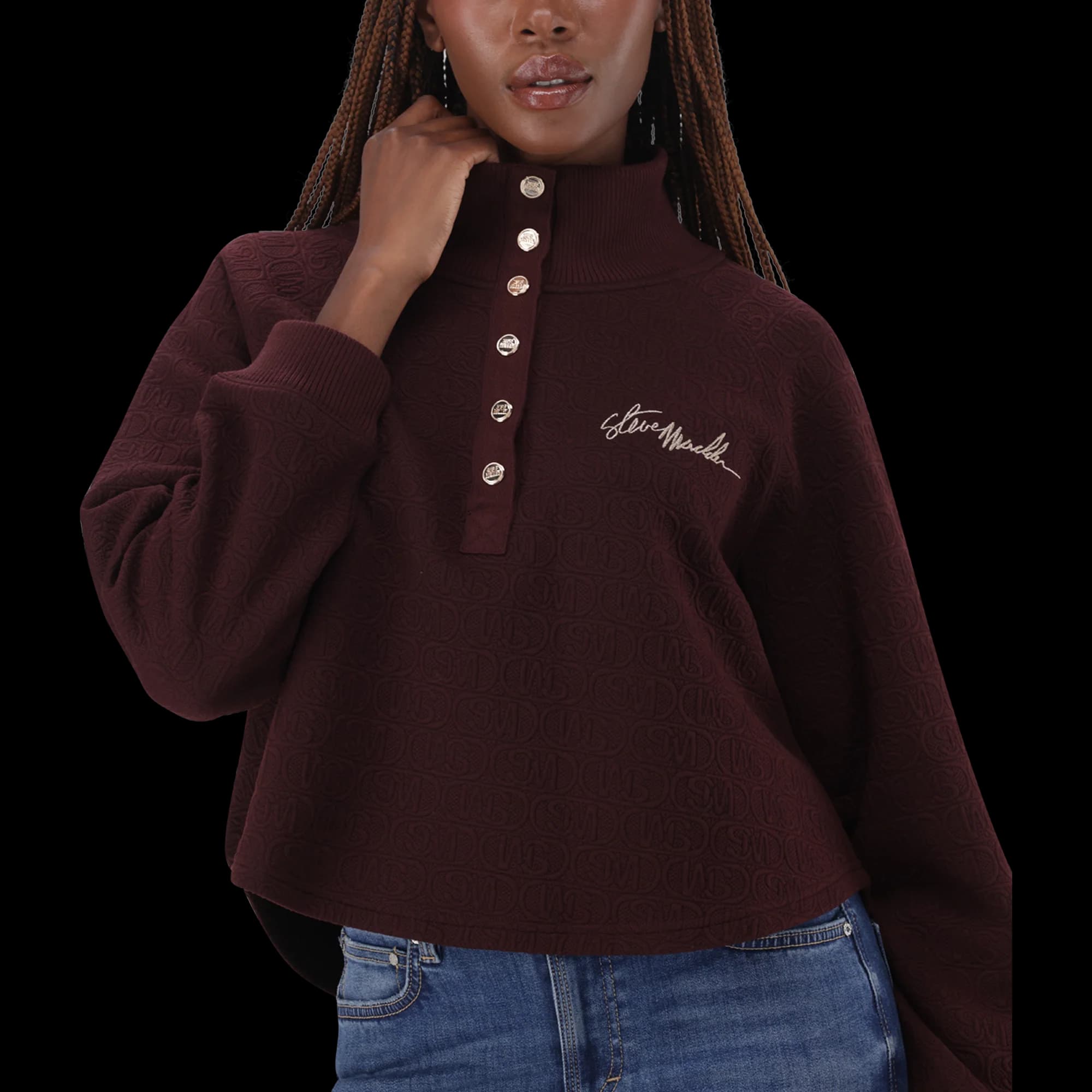 JANET BURGUNDY JACQUARD HENLEY TOP