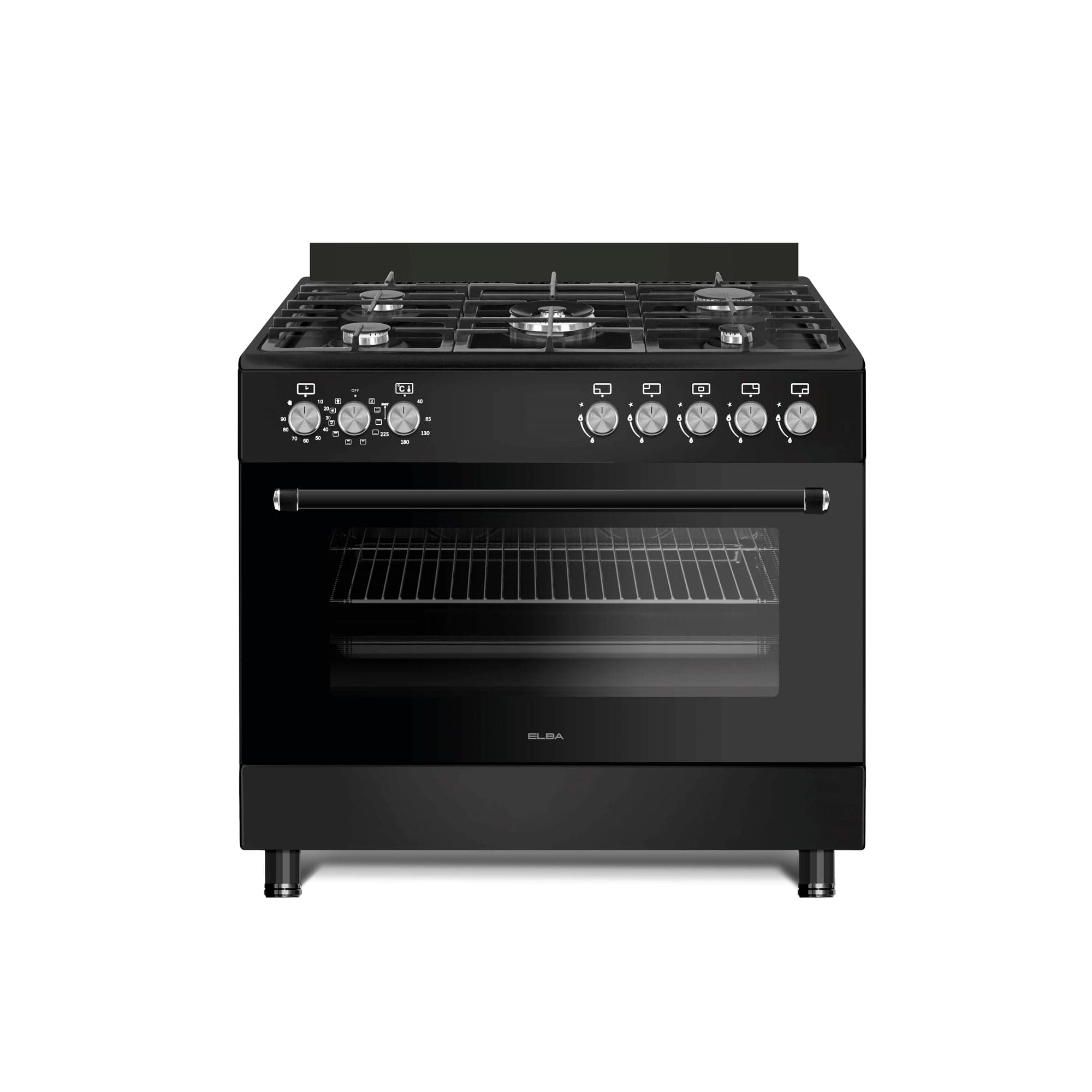 ELBA ESSENTIAL 90CM 5 BURNER GAS STOVE & ELECTRIC OVEN - BLACK + FREE TOTAI HEATER