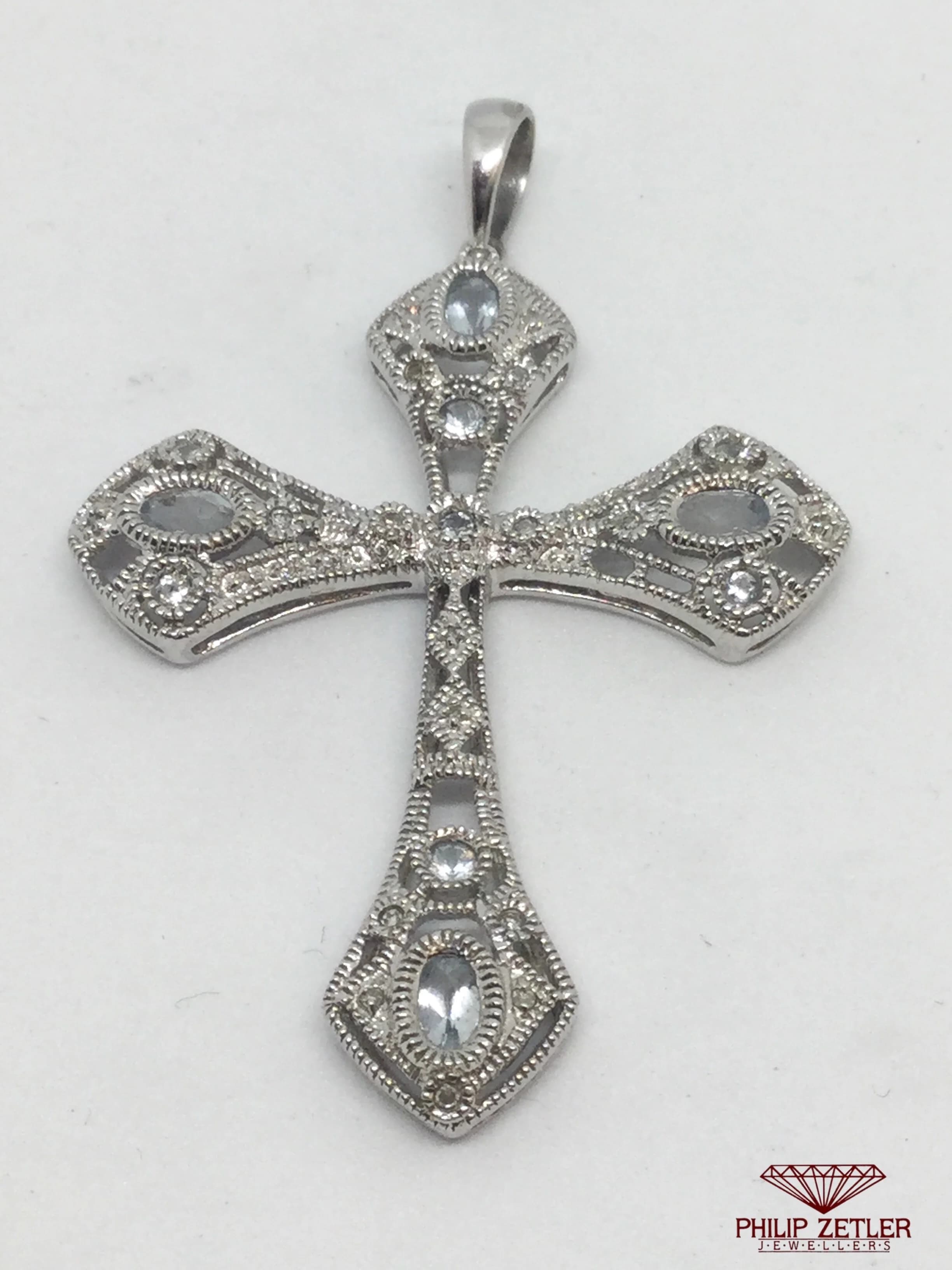 9ct White Gold Diamond And Topaz Cross Pendant