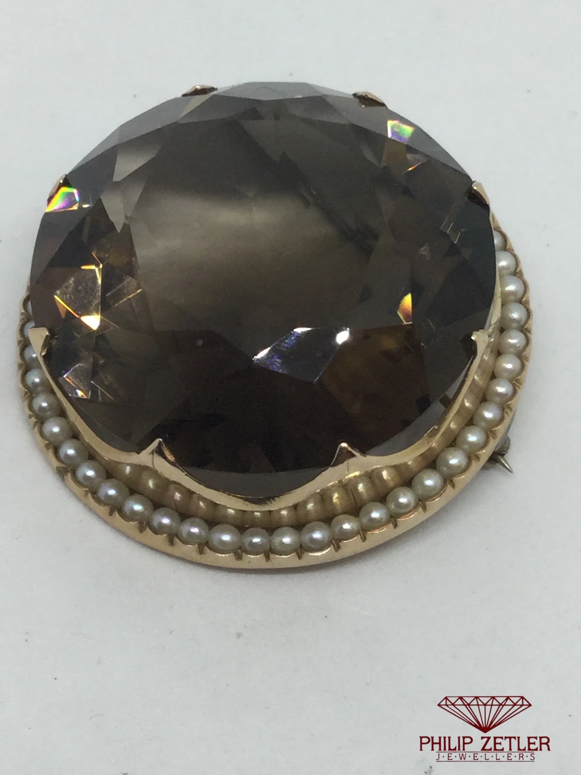 9ct Smoaky Topaz and Seedpearl  Broach