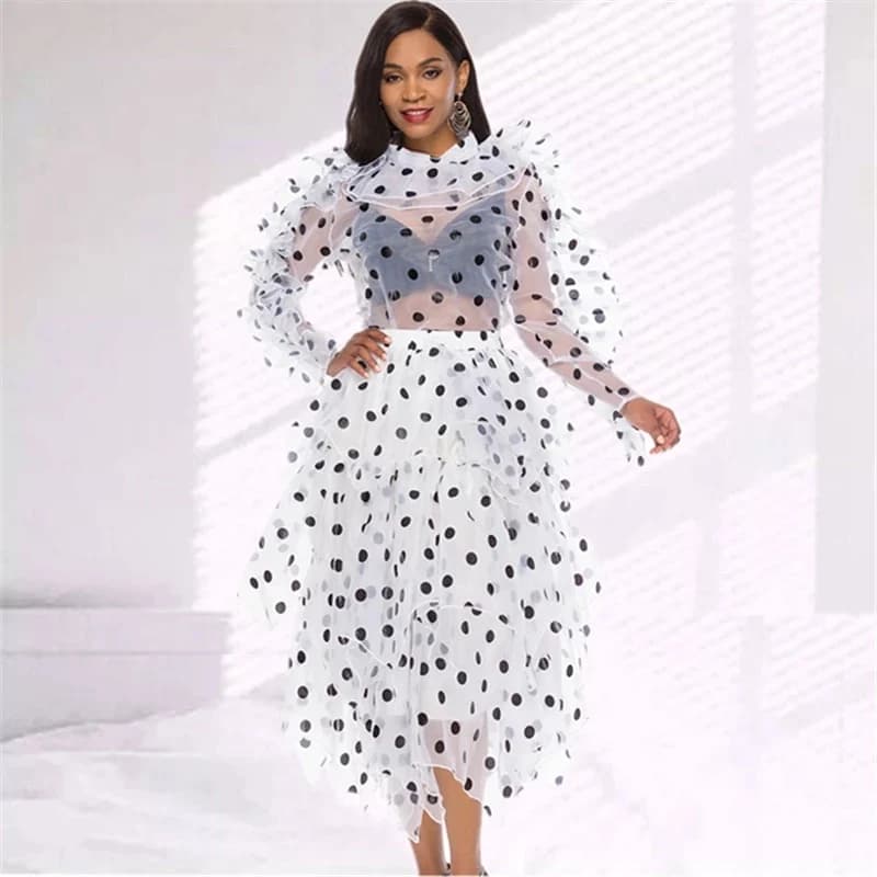 Polka Dot See-Thru Blouse-Skirt Set