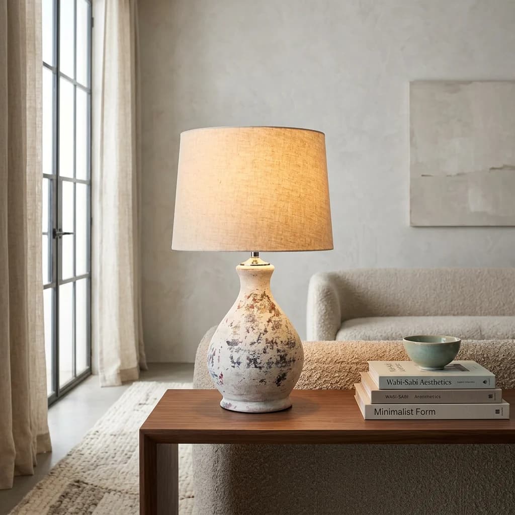 Distressed Natural Lamp Base with Beige Shade