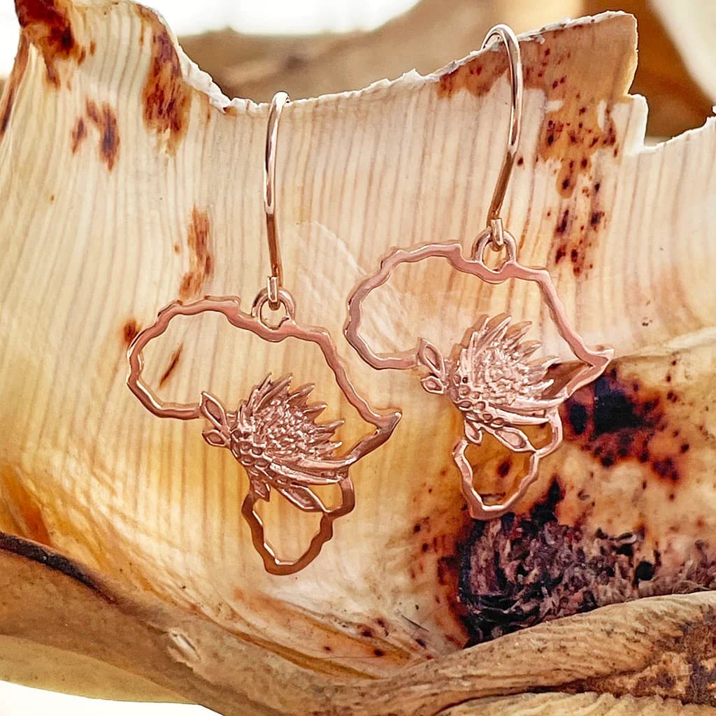 Map of Africa Rose Gold Protea Drop Earrings