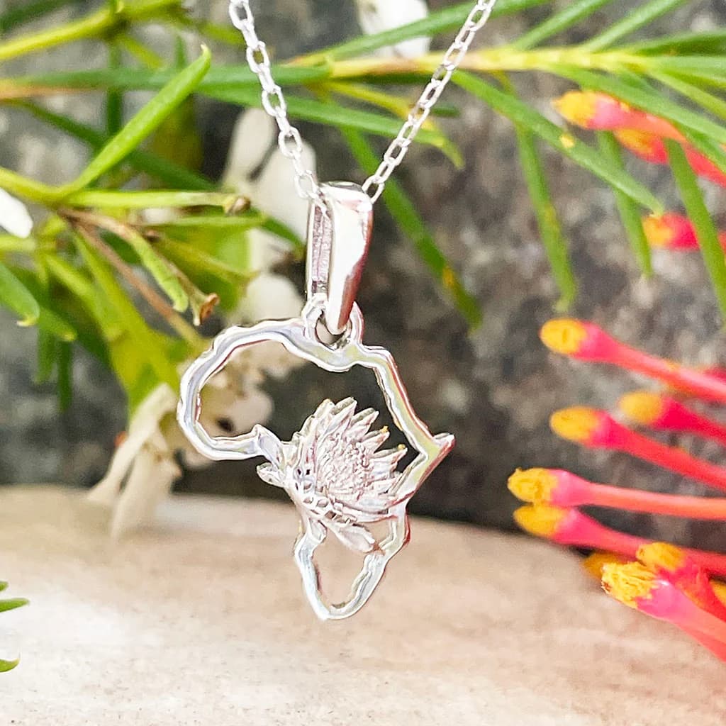 Silver Petite Map of Africa Protea Pendant