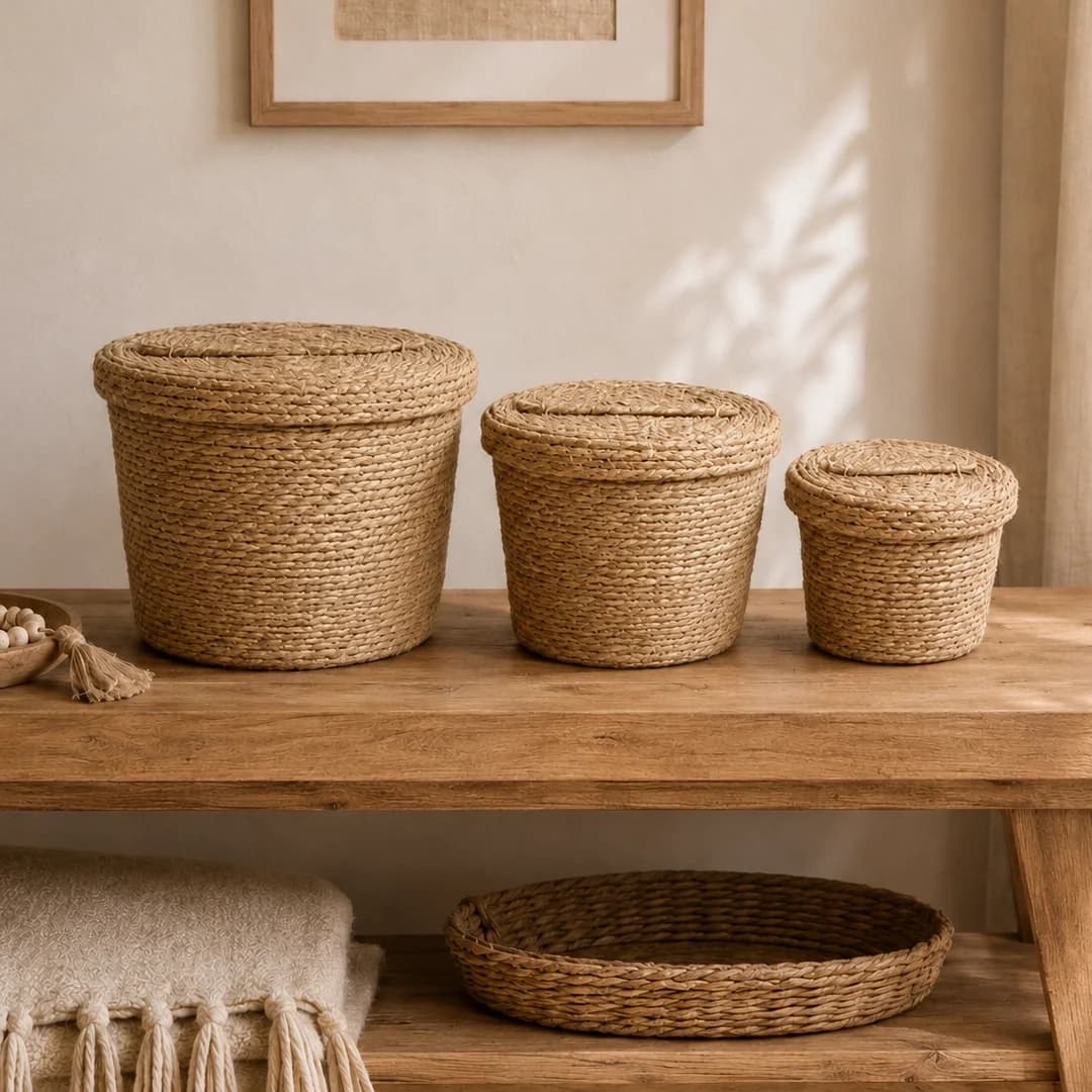 Round Woven Storage Basket Set of 3 with Lids