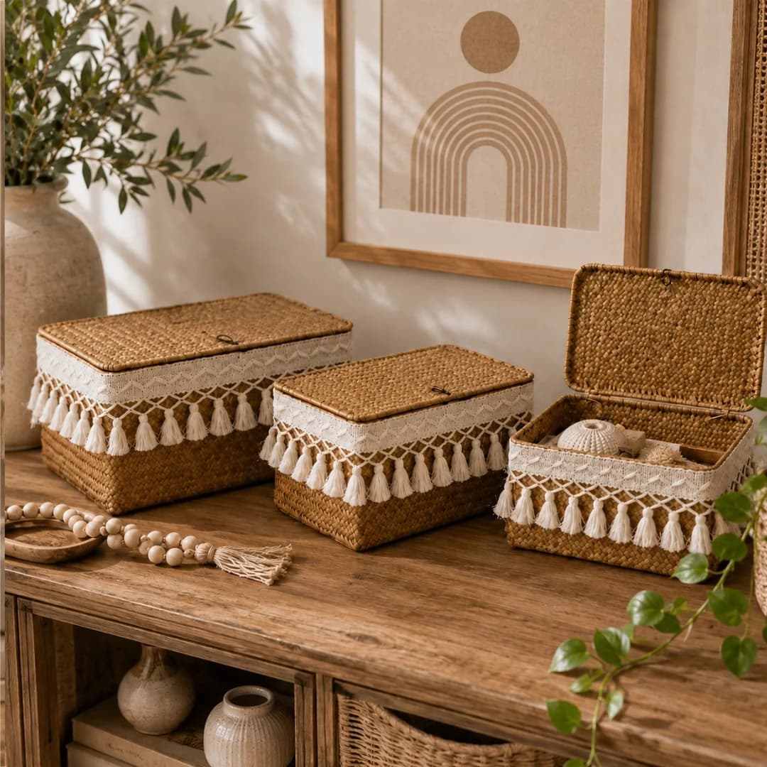 Set of 3 Woven Storage Basket Set with Lid and Tassel Trim