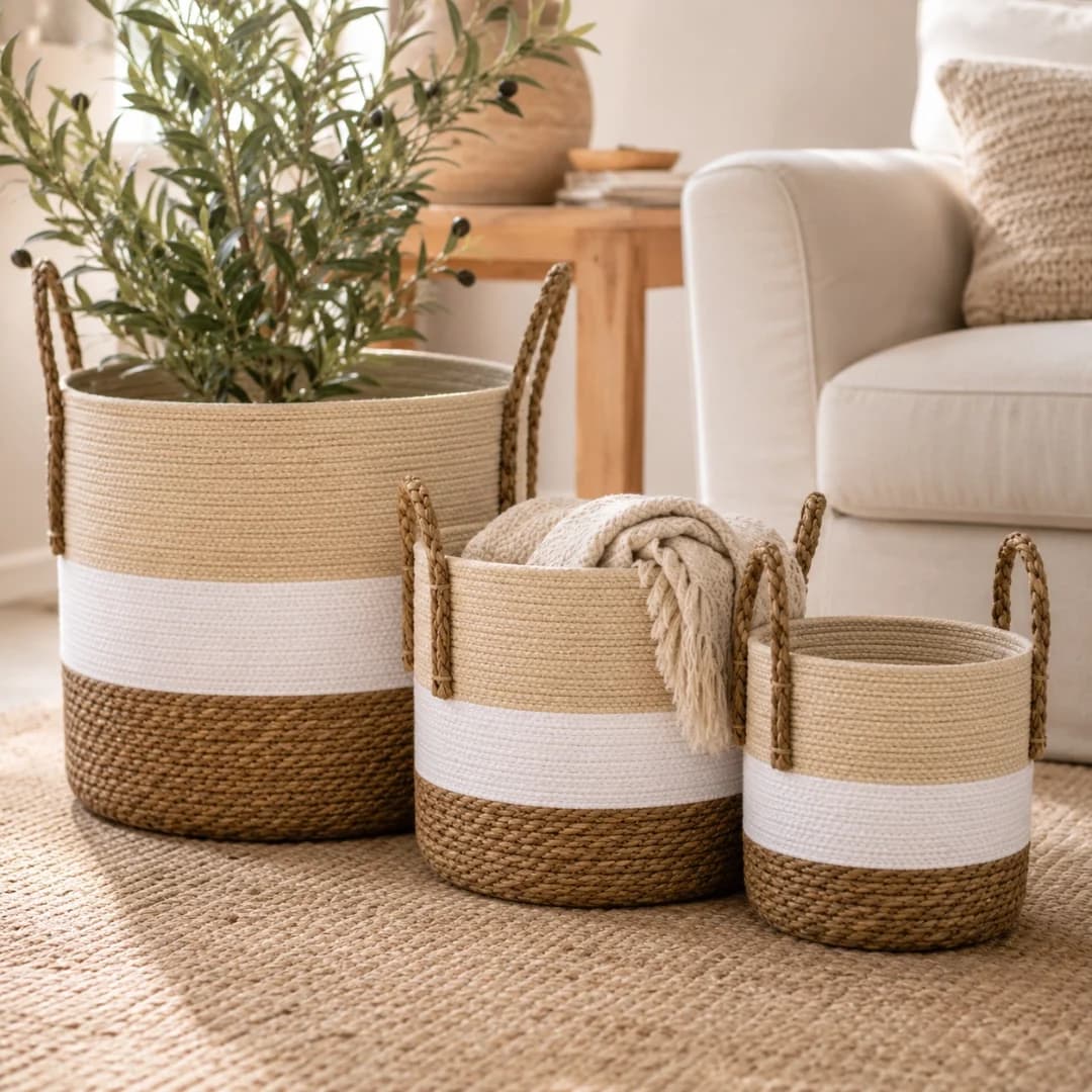 Woven Storage Basket Set (Set of 3) – Natural, White and Brown