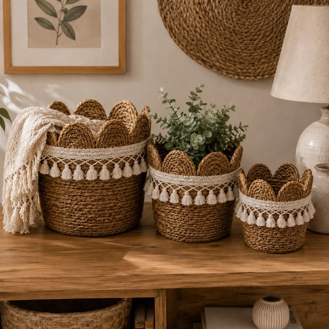 Woven Basket Set of 3 - Scalloped Edge and Tassel Trim