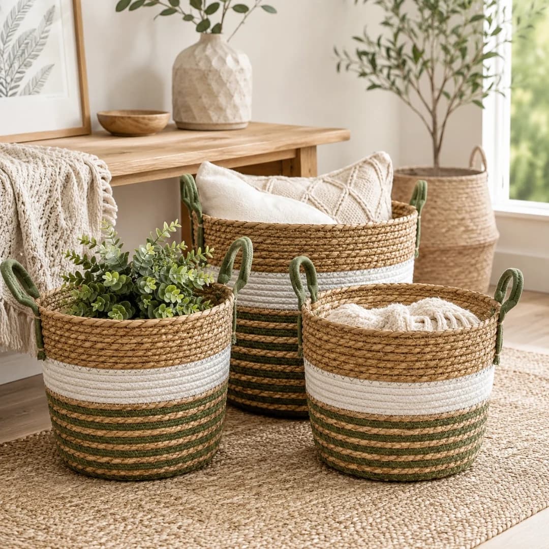 Woven Basket Set of 3 – Olive and White Stripes