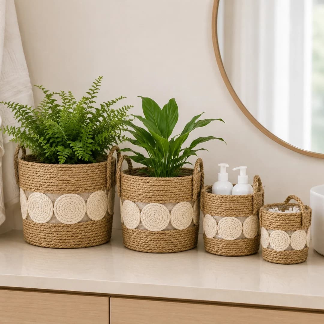 Woven Baskets (Set of 4) - Brown And White Spiral Detail