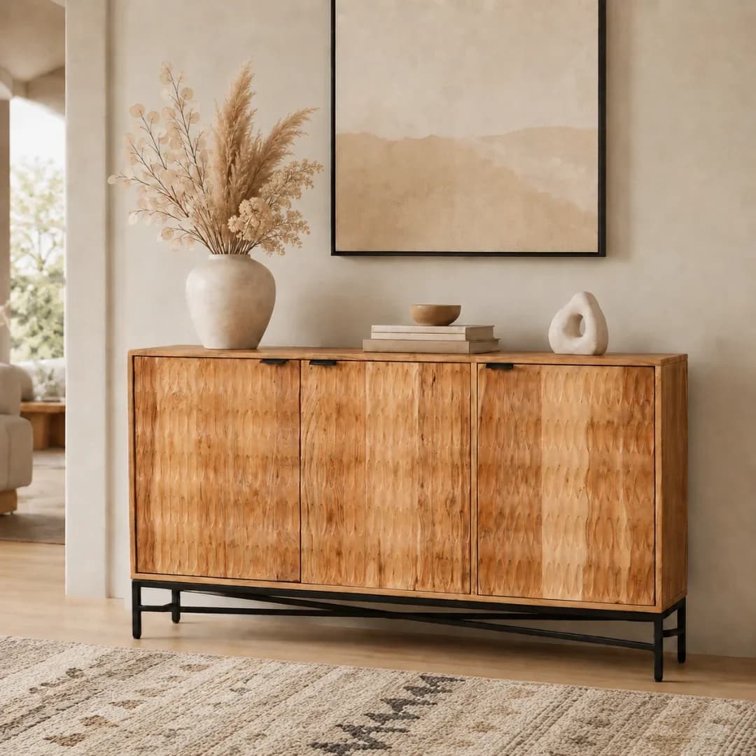 Acacia Wood 3-Door Sideboard with Black Iron Frame