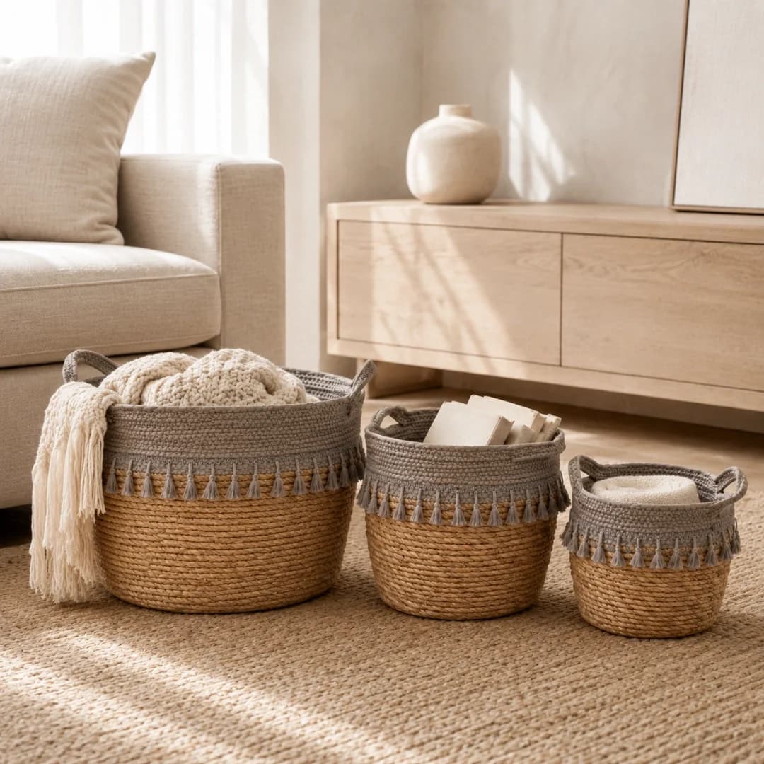 Set of 3 Weaved Baskets - Grey Top And Tassels