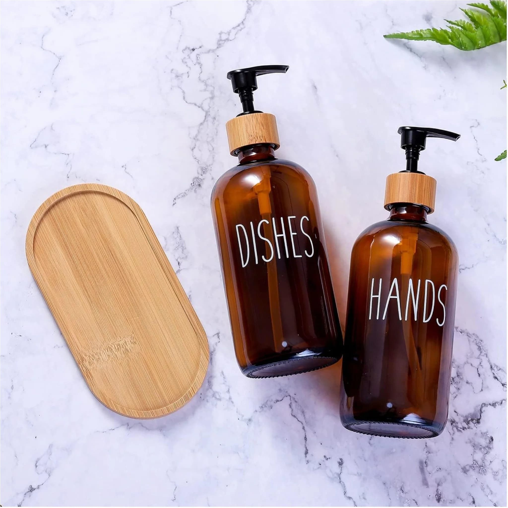 Glass Kitchen Soap Dispenser Set with Wooden Tray 550ml