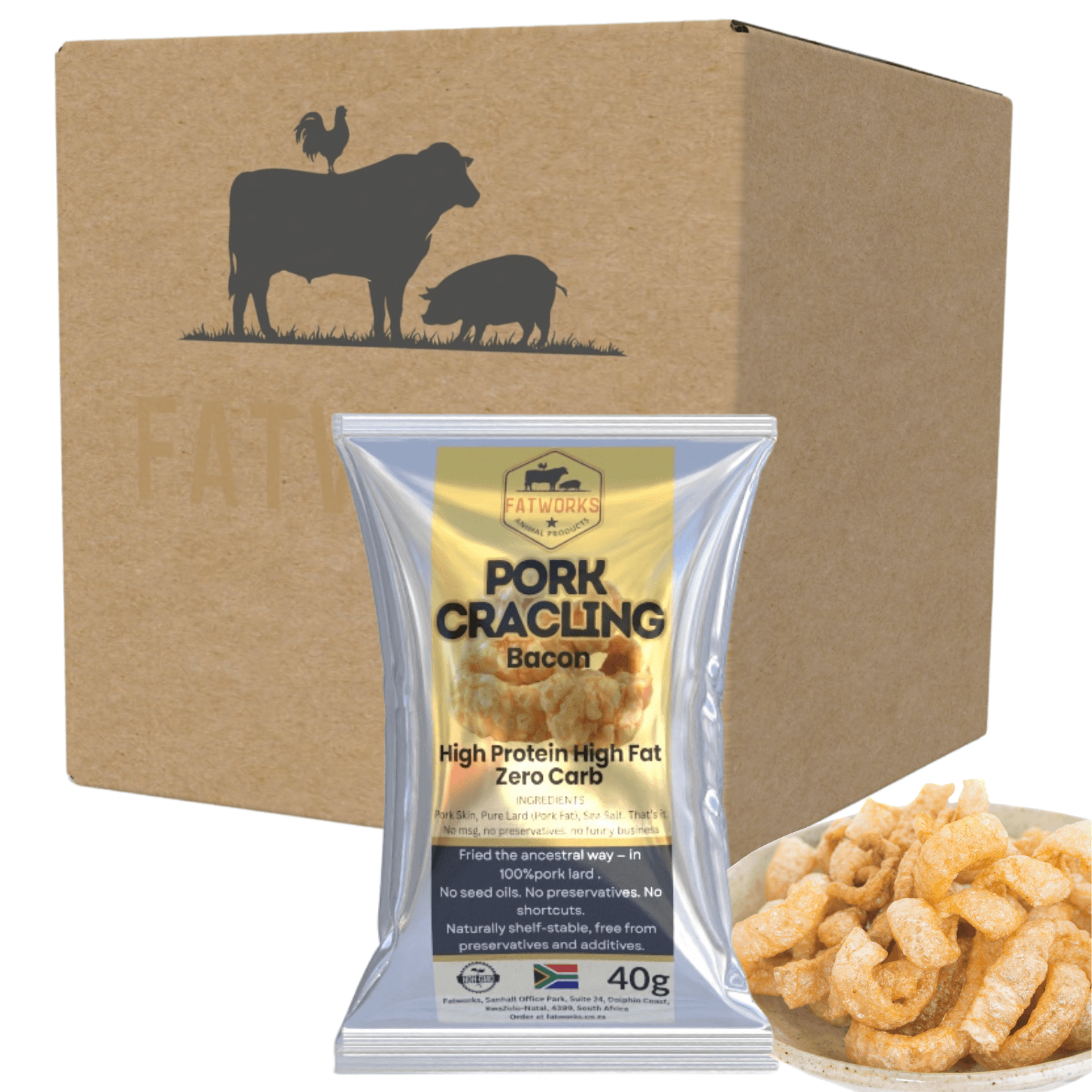 Bacon Pork Crackling (Fried in Lard) – 4 x 40g Snack Pack