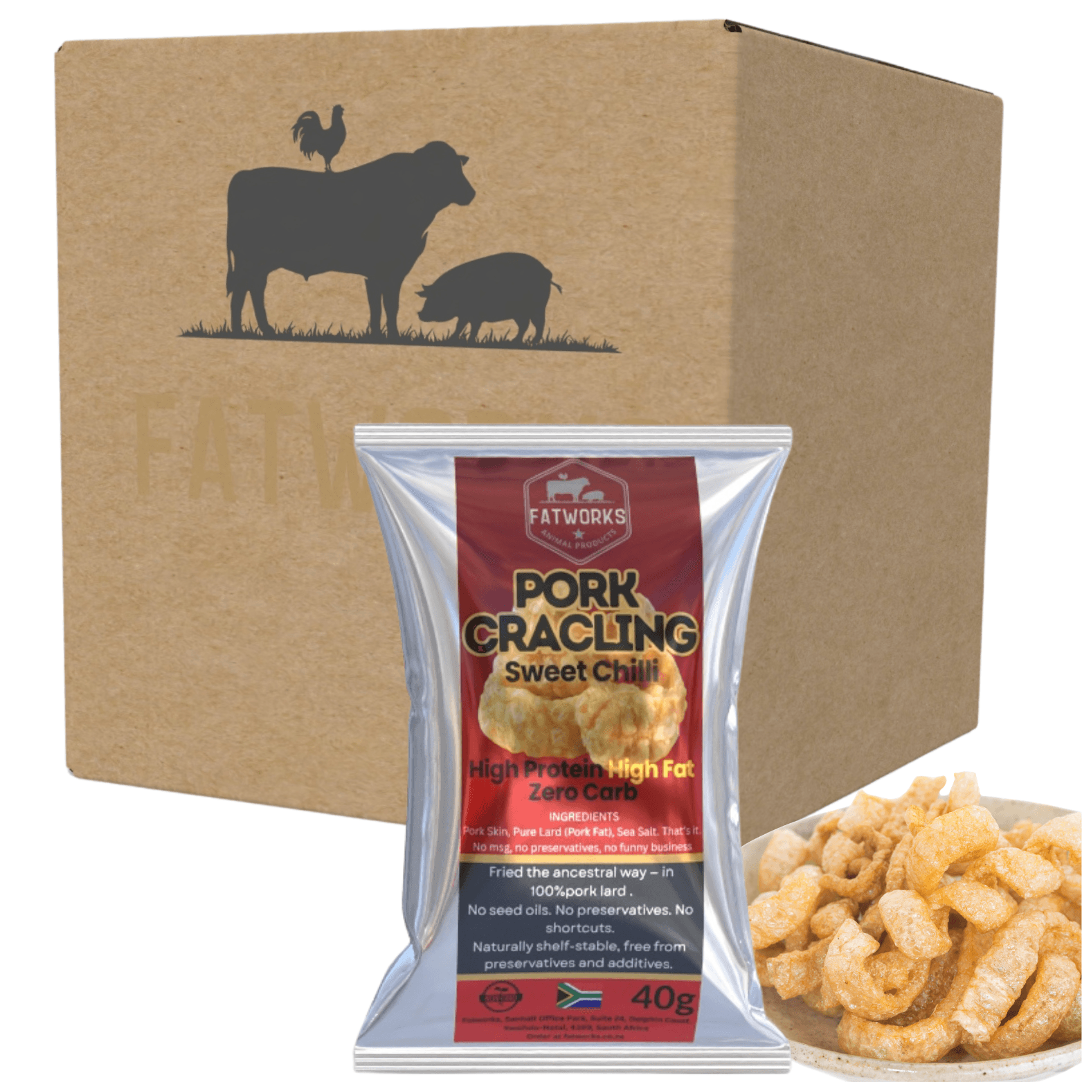 Sweet Chilli Pork Crackling (Fried in Lard) – 4 x 40g Snack Pack