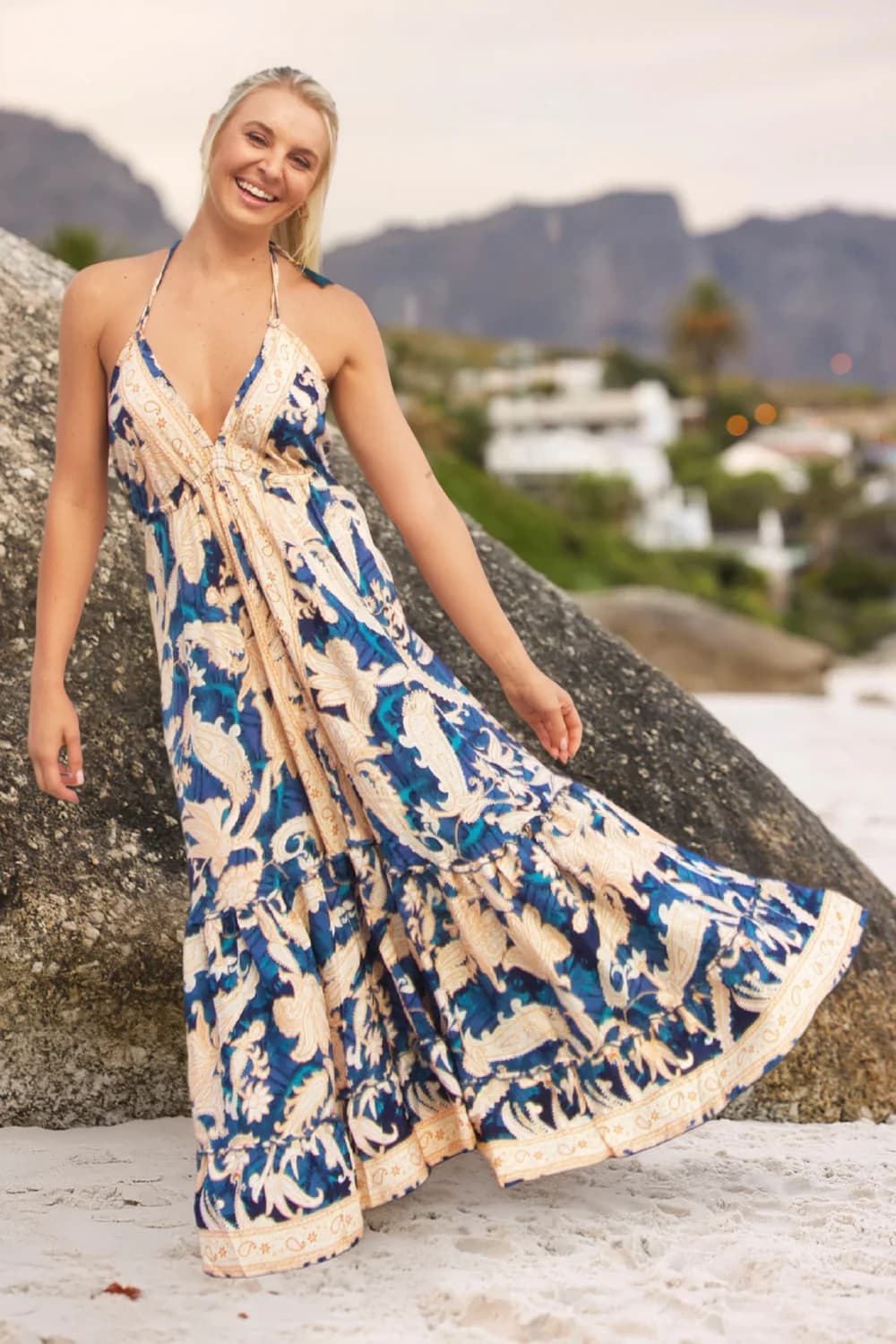 Solstice Halter Dress - Blue Print Maxi