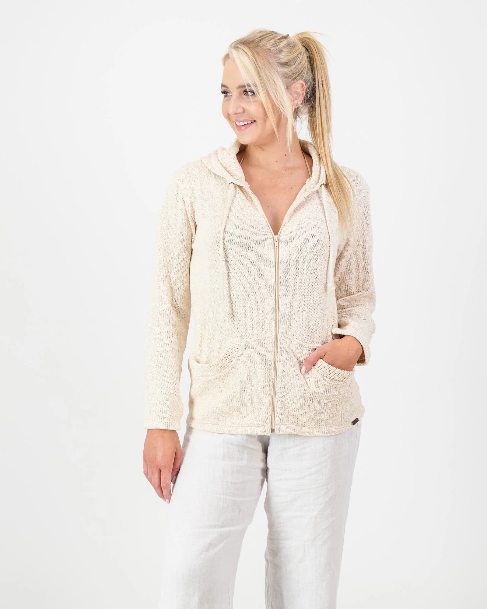 Ladies Knitted Pocket Hoodie - Cream