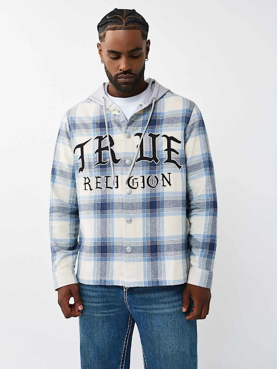 TRUE RELIGION SHIRT HOODED FLANNEL WINTER WHITE-BLUE