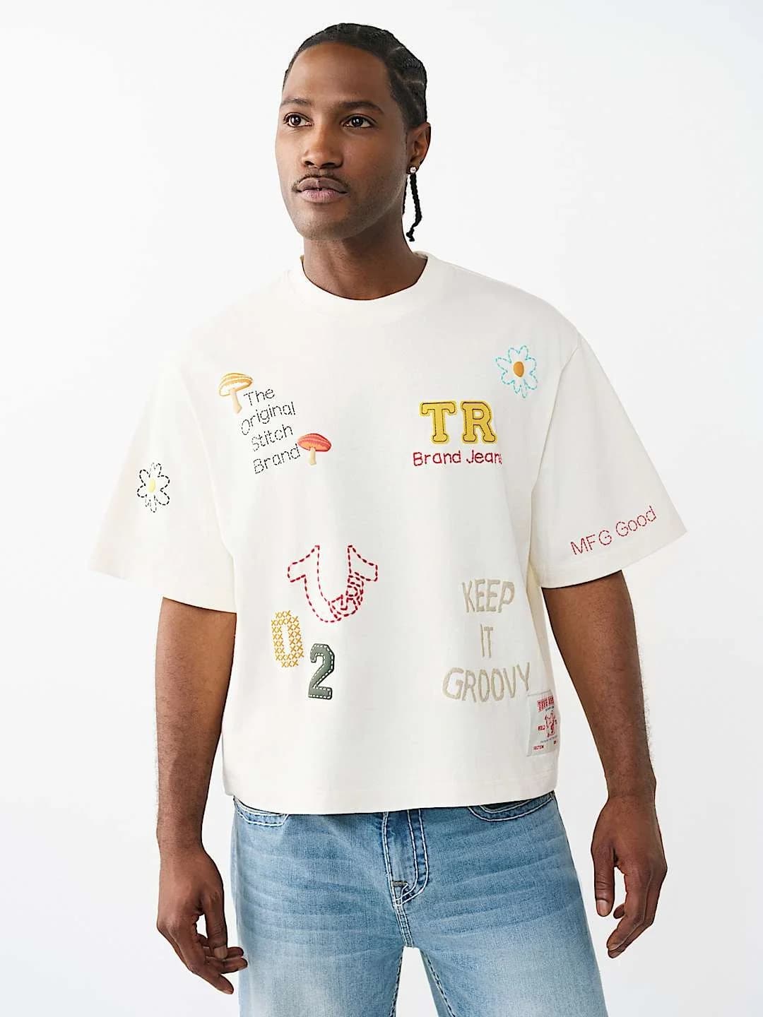 True Religion T-Shirt Ss Multi Logo Boxy Winter White