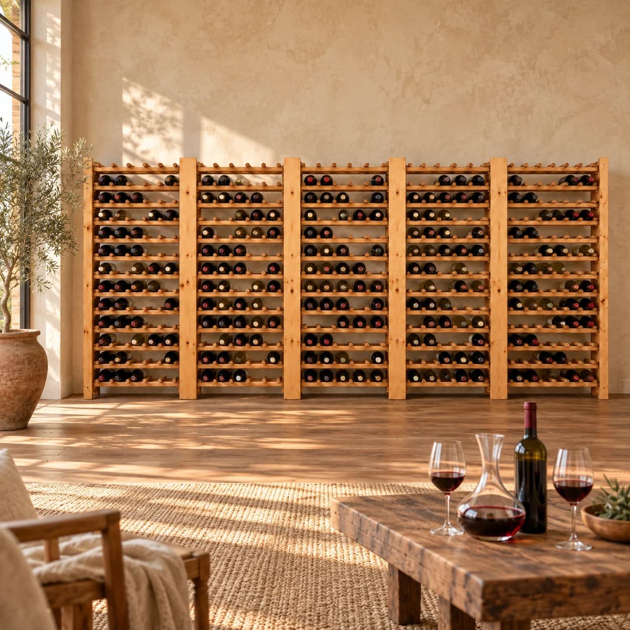 5 Bay Pine Wine Rack | 4568mm W × 300mm D × 650–2700mm H | 250–1050 Bottles