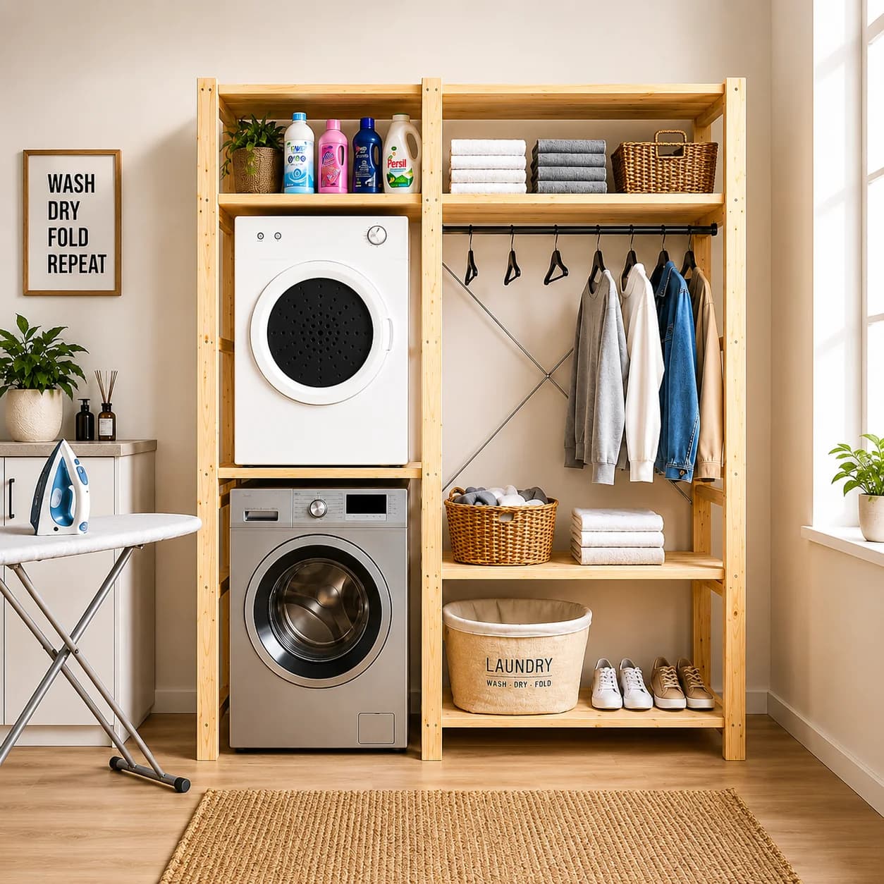 Laundry Storage Shelves | Double-Bay Pine Unit | 2100mm H × 1634mm W × 600mm D | 7 Shelves + Rail
