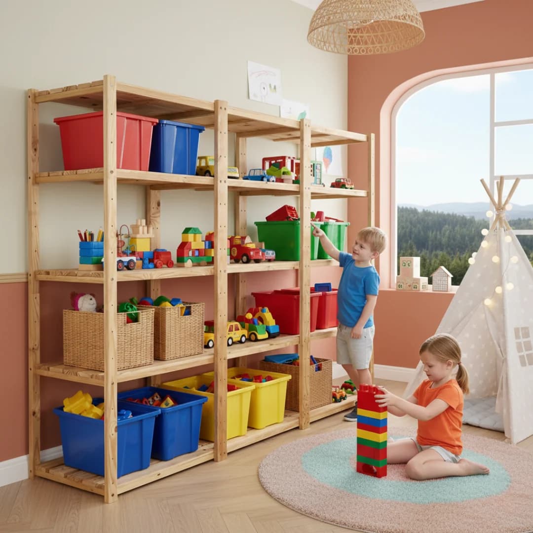 🪵 3-Bay Modular Pine Shelving | 2100mm H × 2736mm W × 400mm D | 15 Shelves + 3 Free 21L Boxes