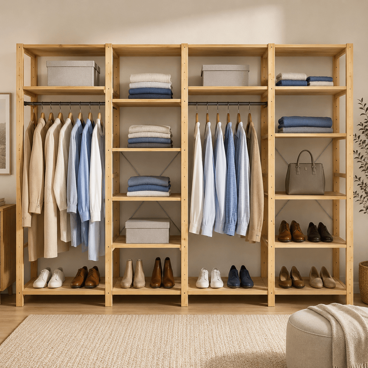 🧥 Premium Modular Wardrobe + Shelving Unit – 2.1 m High × 3642 mm Wide | 24 Levels + 2 Hanging Rails with Four FREE angled shoe shelves.