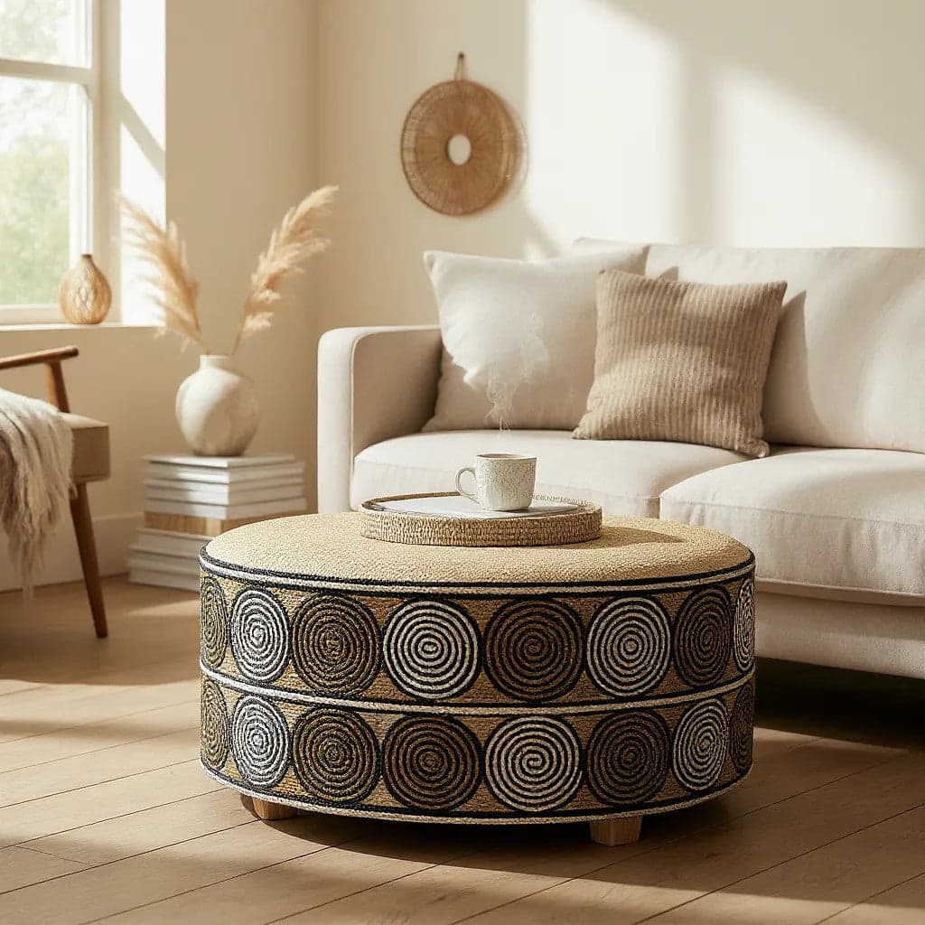 Rattan Woven Stool | Swirls, Natural, White & Black