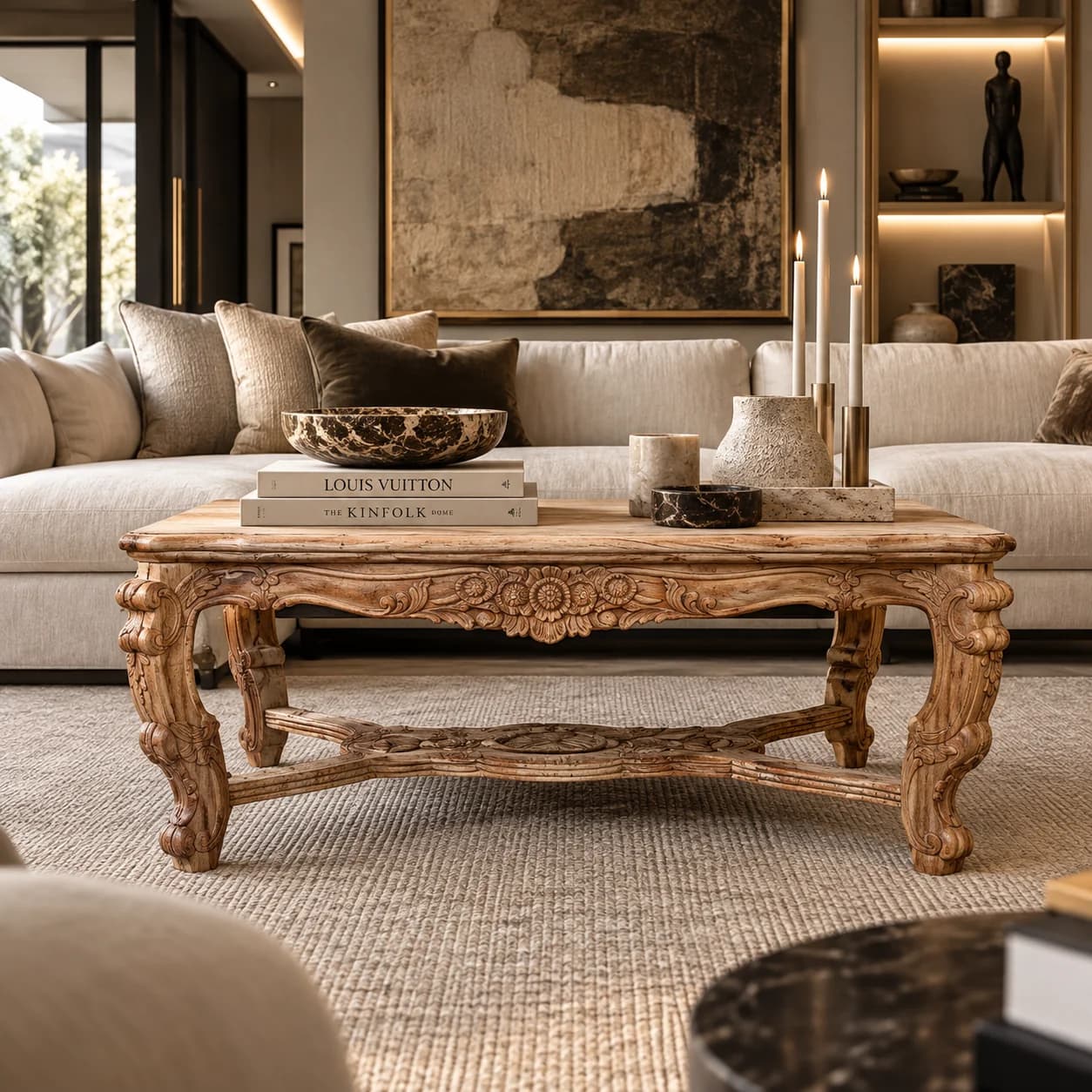 Coffee Table SHR | Natural wood finish with engraved feet and sides
