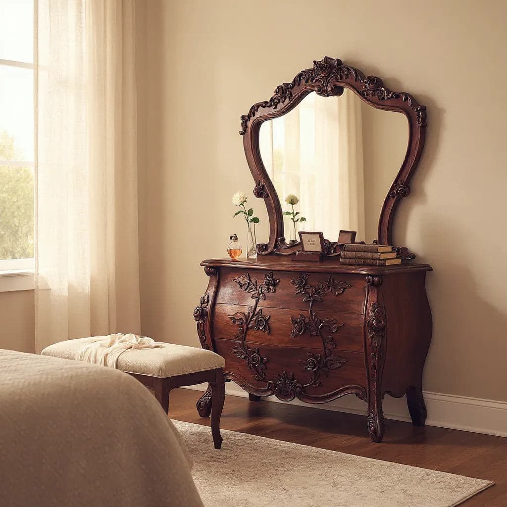 Console Dresser with Roses Framed Mirror | Natural Set of 2