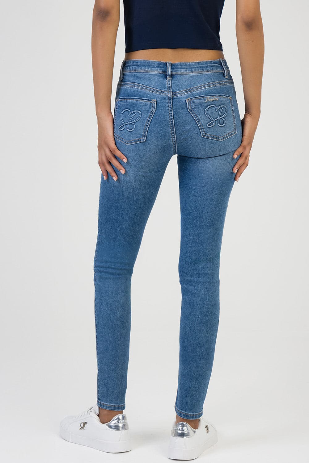 Elana Embossed Logo Mid Waist Skinny Denim - Med Wash
