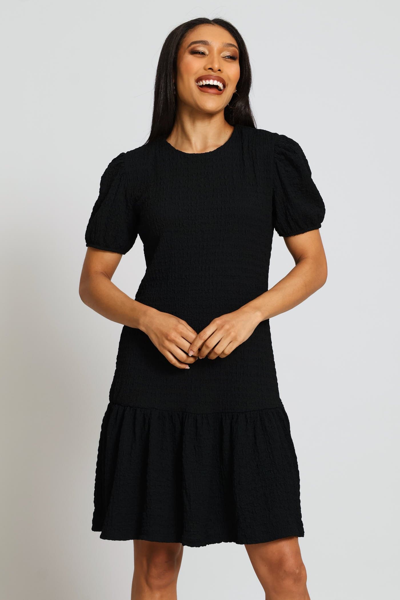 Puff Sleeve Crinkle Frill Hem Dress - Black