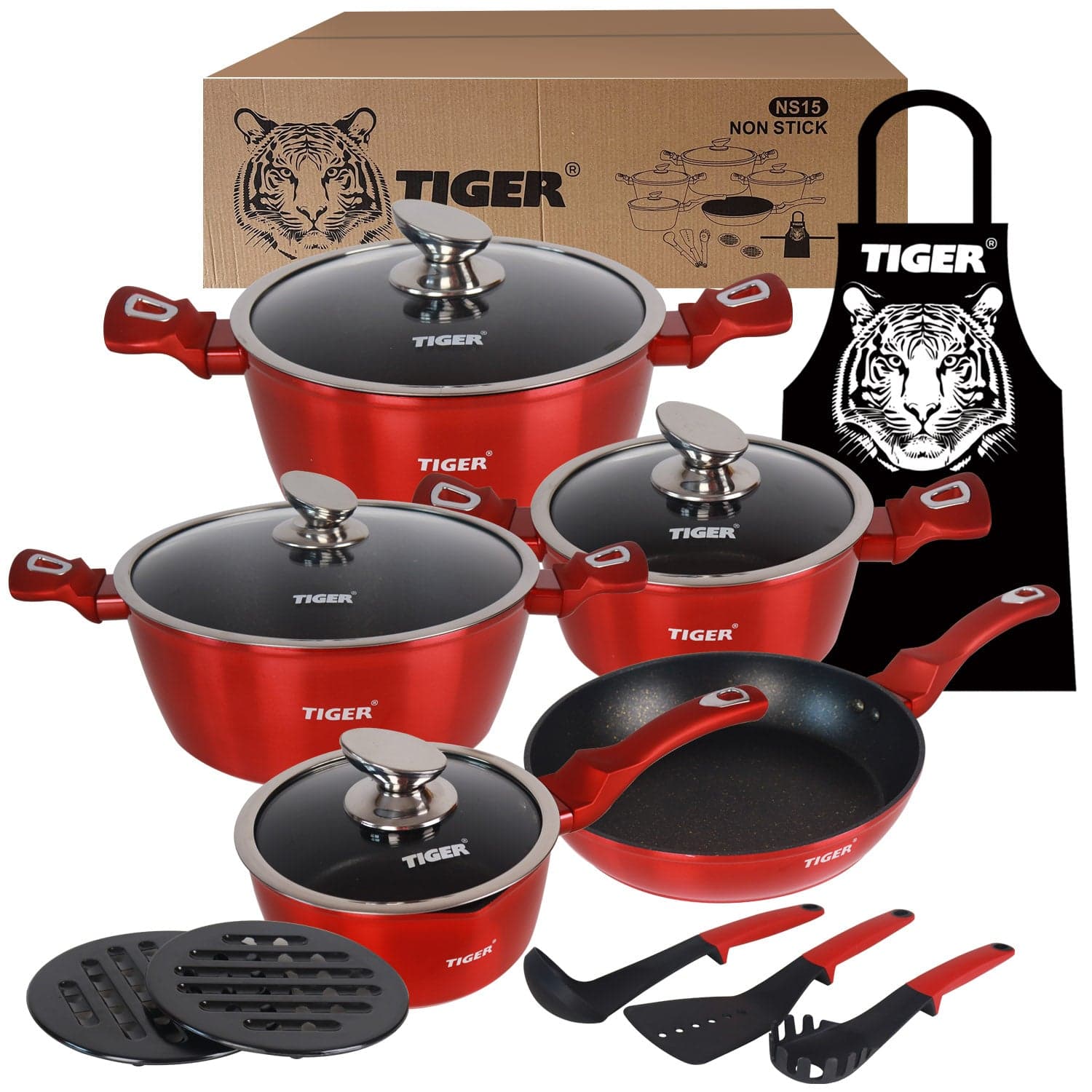 Tiger Non-Stick 15 Piece Marble Coating Cookware Set Burgundy