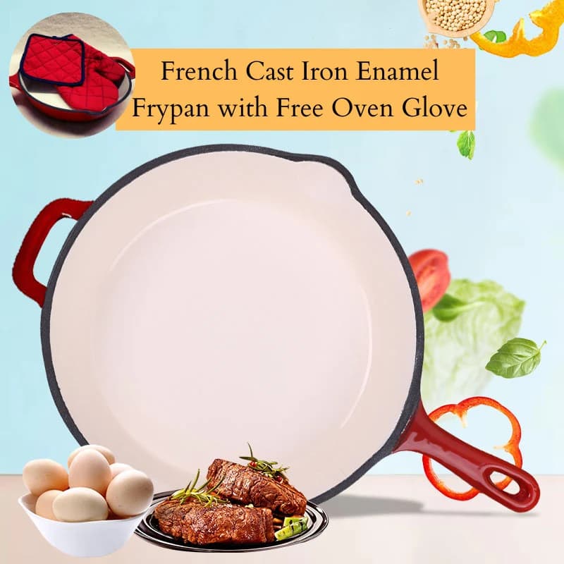 French Cast Iron Enamel Frypan Fry Pan with Free Gift Oven Glove