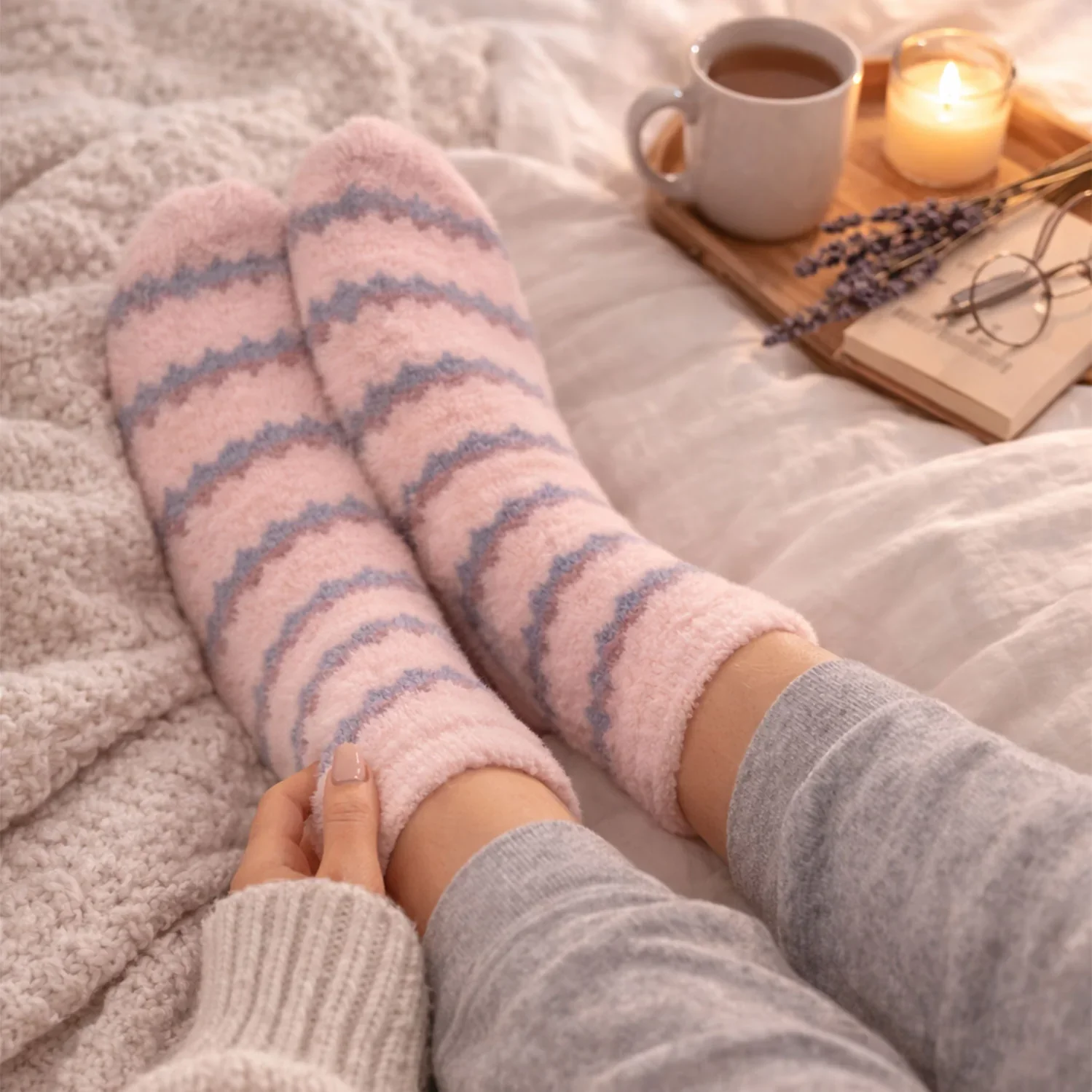 Ladies' Fuzzy Pink & Grey Squiggle Socks