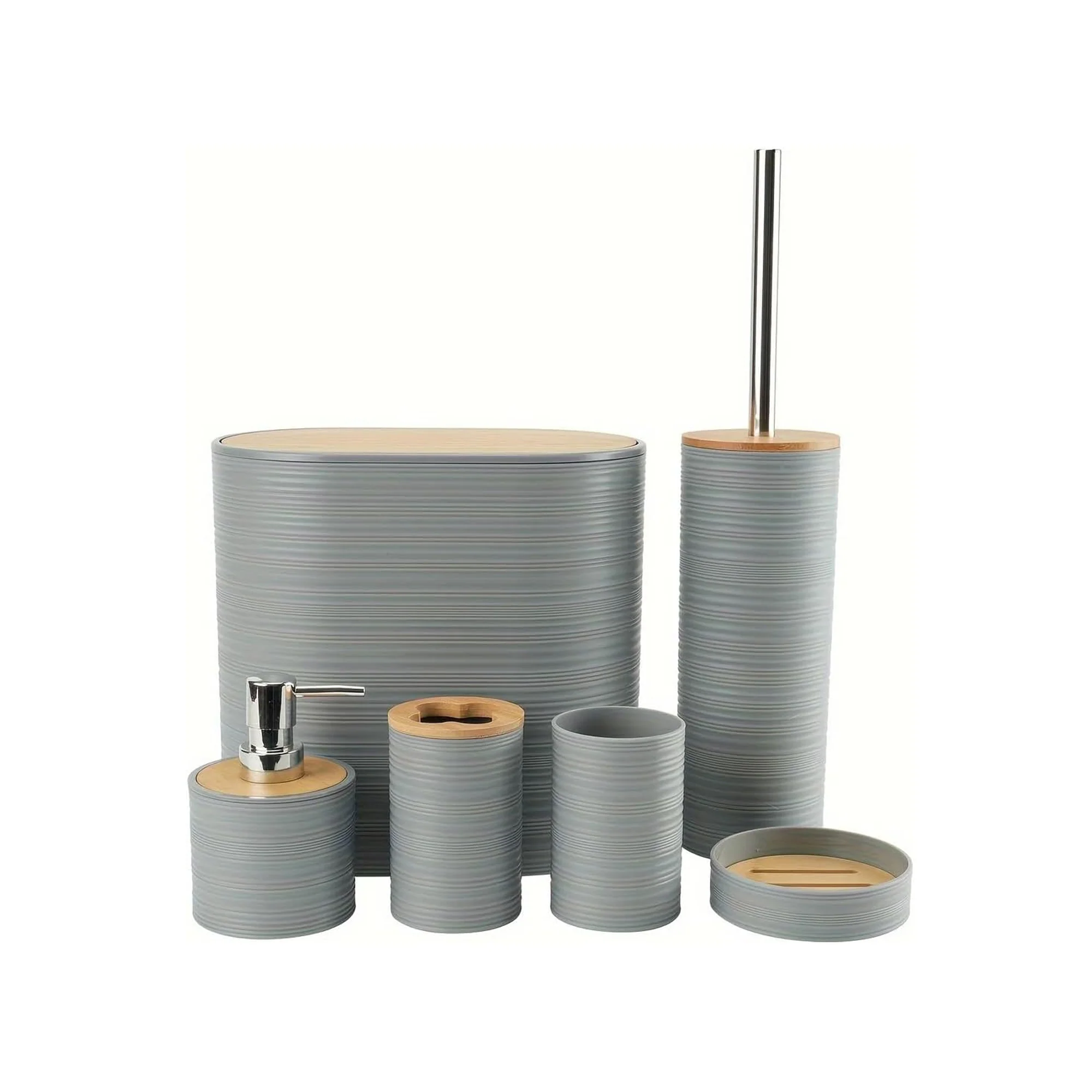 6 Piece Bathroom Accessory Set with Bamboo Lids Grey