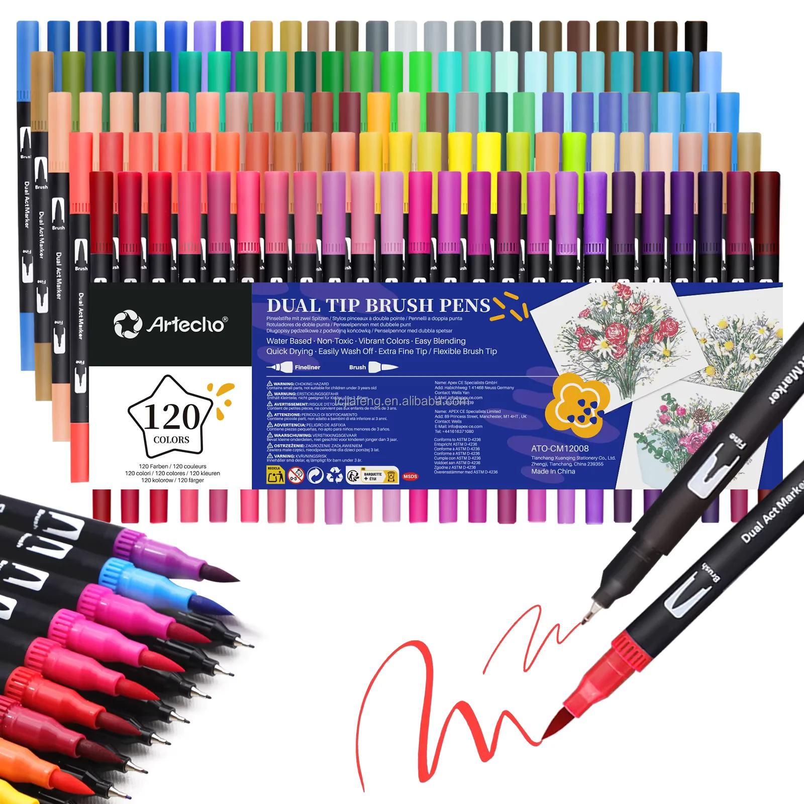 Artecho Dual-Tip Watercolour Brush Pens Set - 120 Colours - 0.4-2mm Line Width