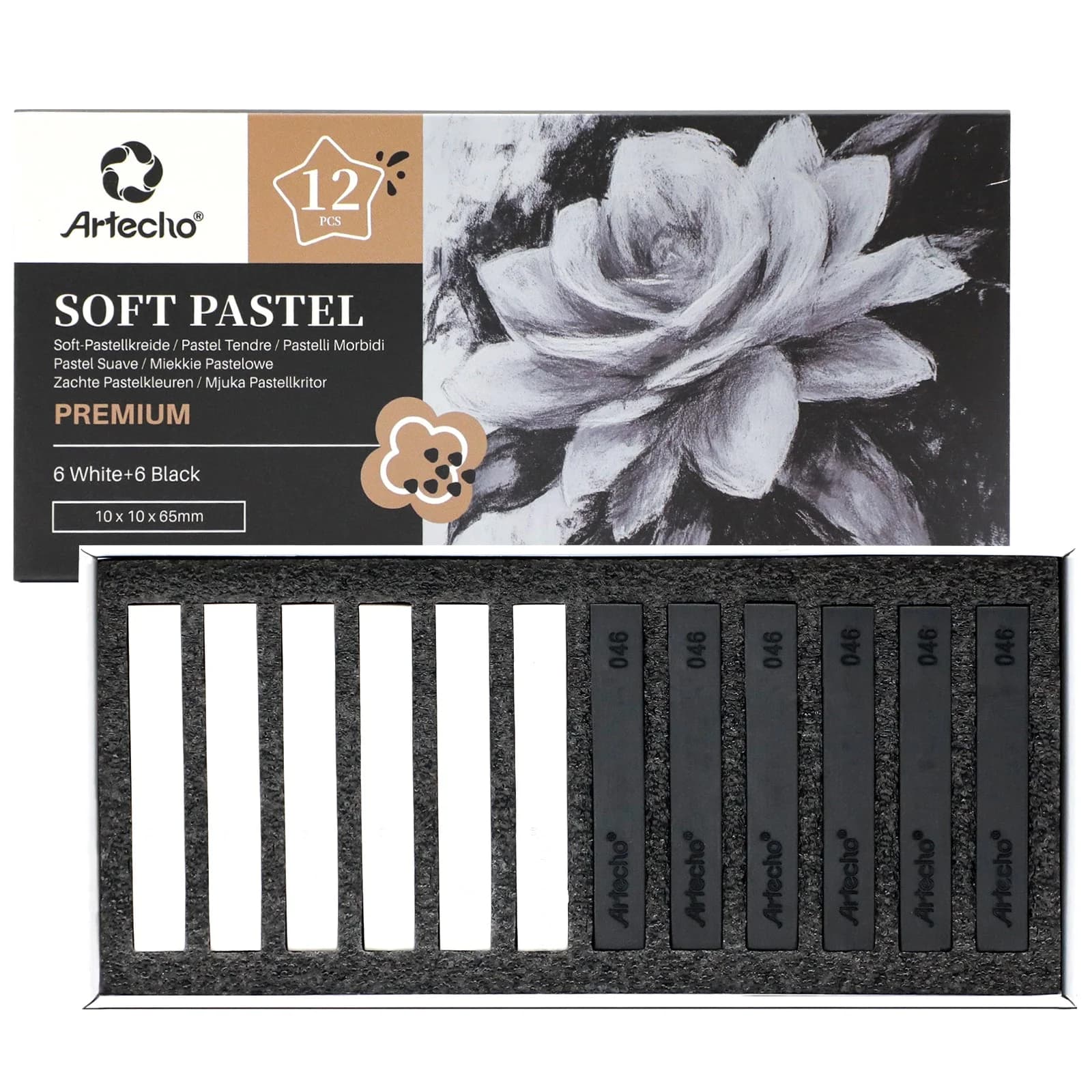 Artecho 12pc Soft Pastel Professional Range - 6 x Black & 6 x White