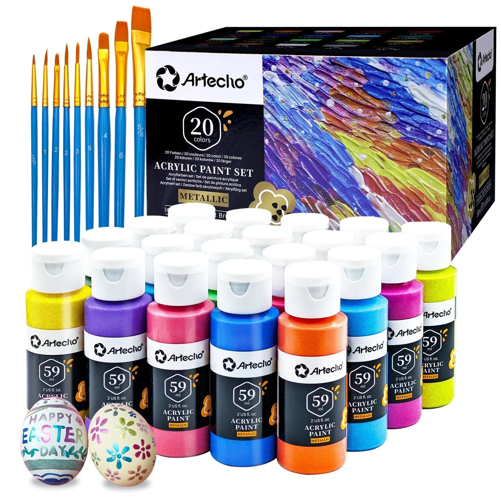 Artecho 20 Metallic Colours Acrylic Paint Set & 10pc Paint Brush Set - 59ml Bottles