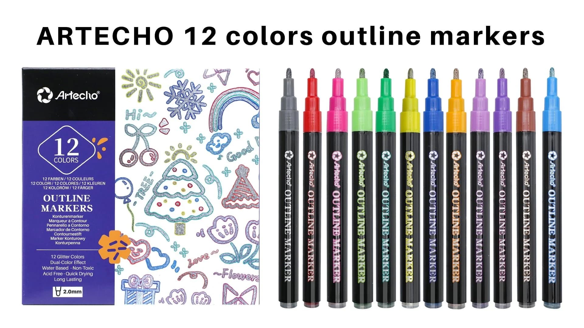 Artecho Dual-Colour Effect Metallic Outline Marker Set- 12 Glitter Colours