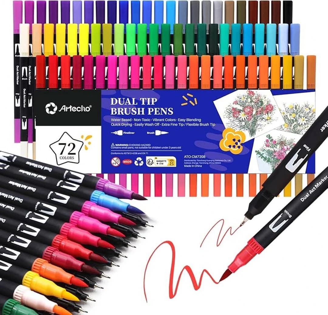 Artecho Dual-Tip Watercolour Brush Pens Set in a See-Through Case- 72 Colours - 0.4-2mm Line Width