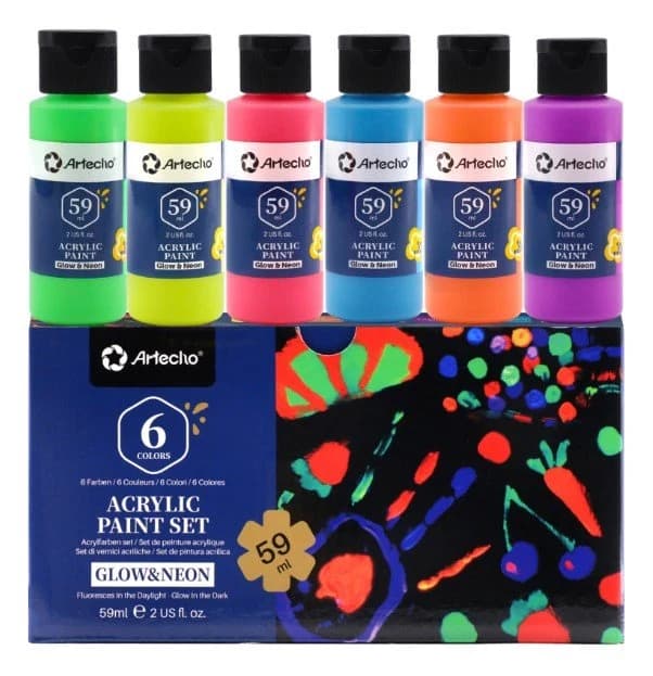 Artecho Neon Paint - Set of 6 Colours, 59ml Acrylic Paint