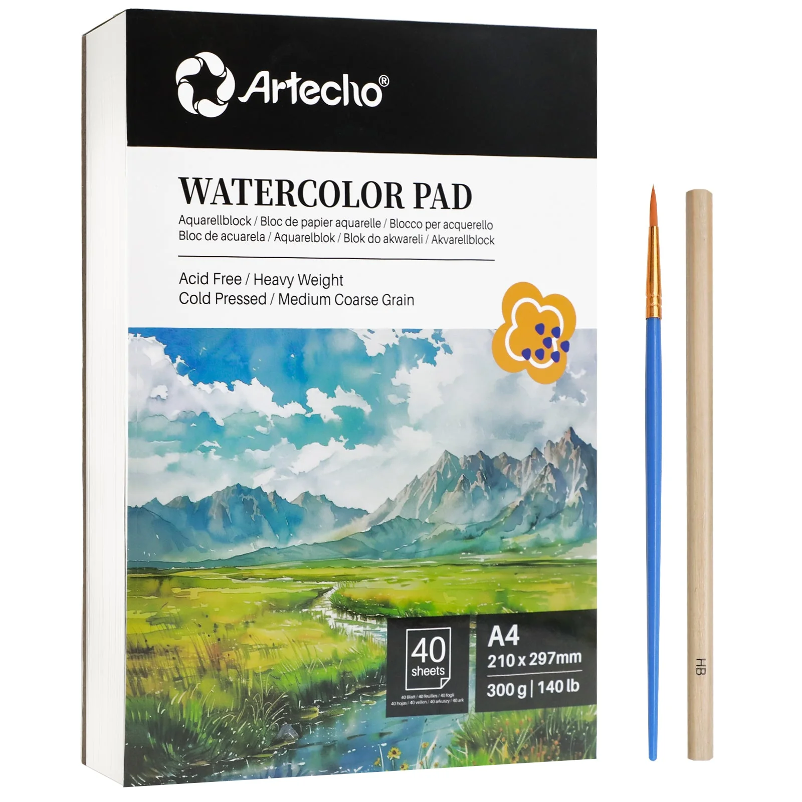 Artecho Professional A4 Watercolour Pad with Brush & HB Pencil - 40 Sheets