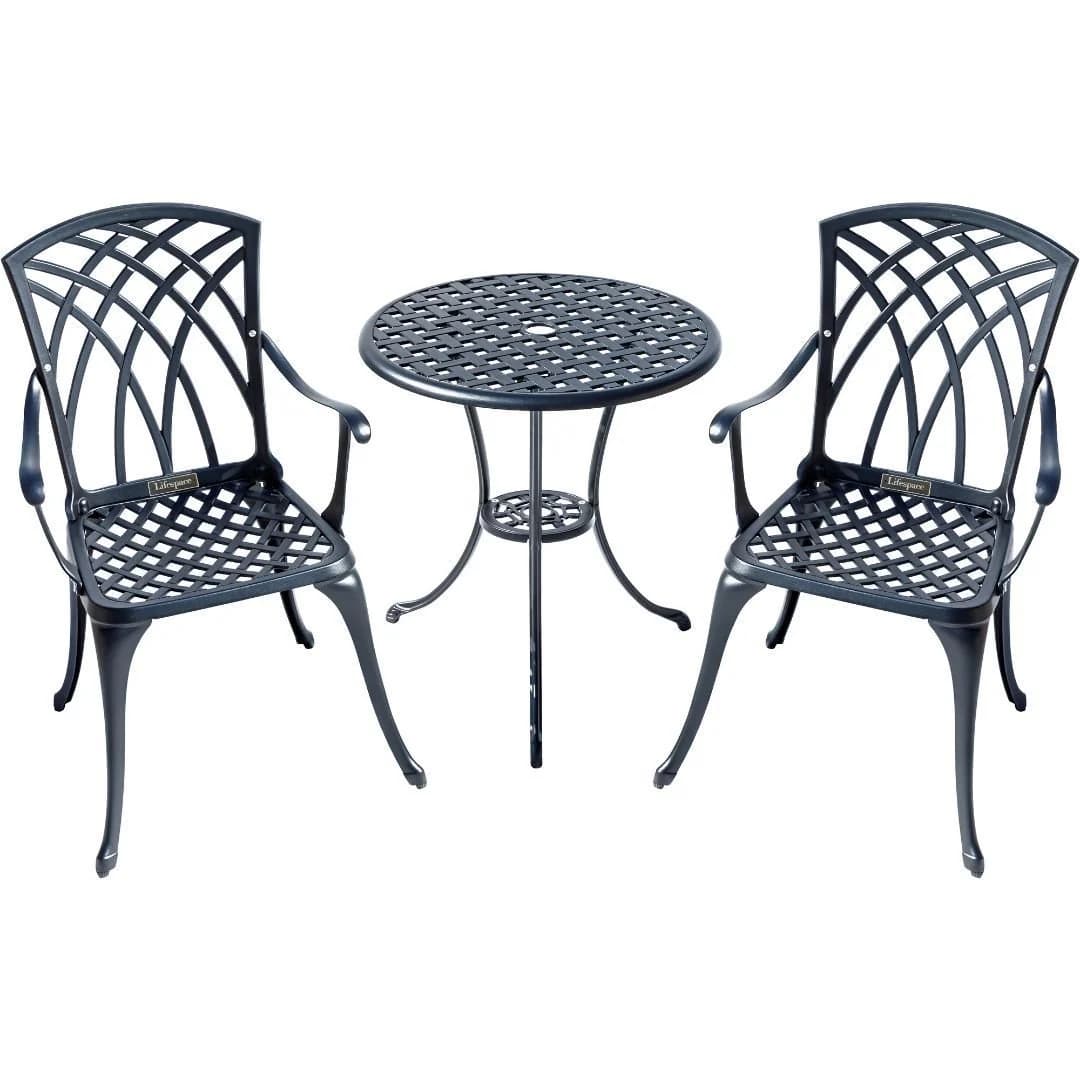 Lifespace Cast Aluminium 3pc Bistro Patio Garden Restaurant Set with Armrest Chairs