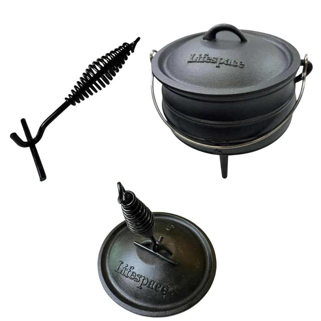 Lifespace Cast Iron Potjie Combo – No 2 Potjie Pot (6L) + 22cm Lid Lifter