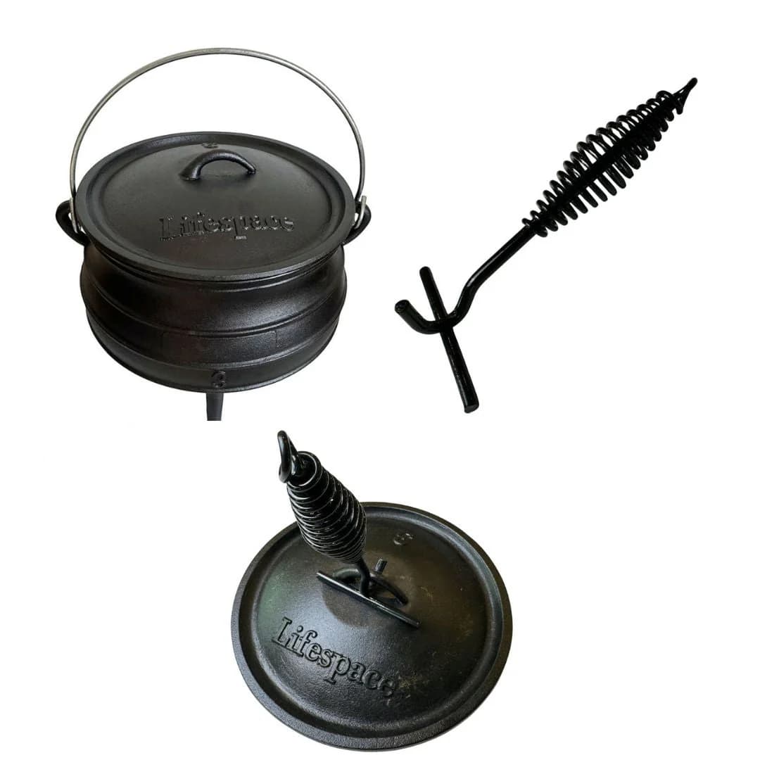 Lifespace Cast Iron Potjie Combo – No 3 Potjie Pot (7.8L) + 22cm Lid Lifter