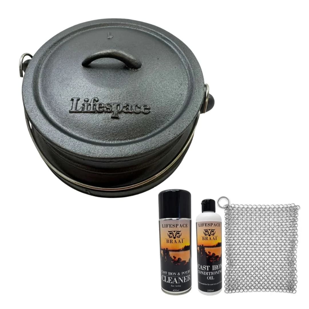 Lifespace No. 1 Cast Iron Flat Bottom Potjie Pot - 4.7lt + Potjie Clean & Care Kit Bundle