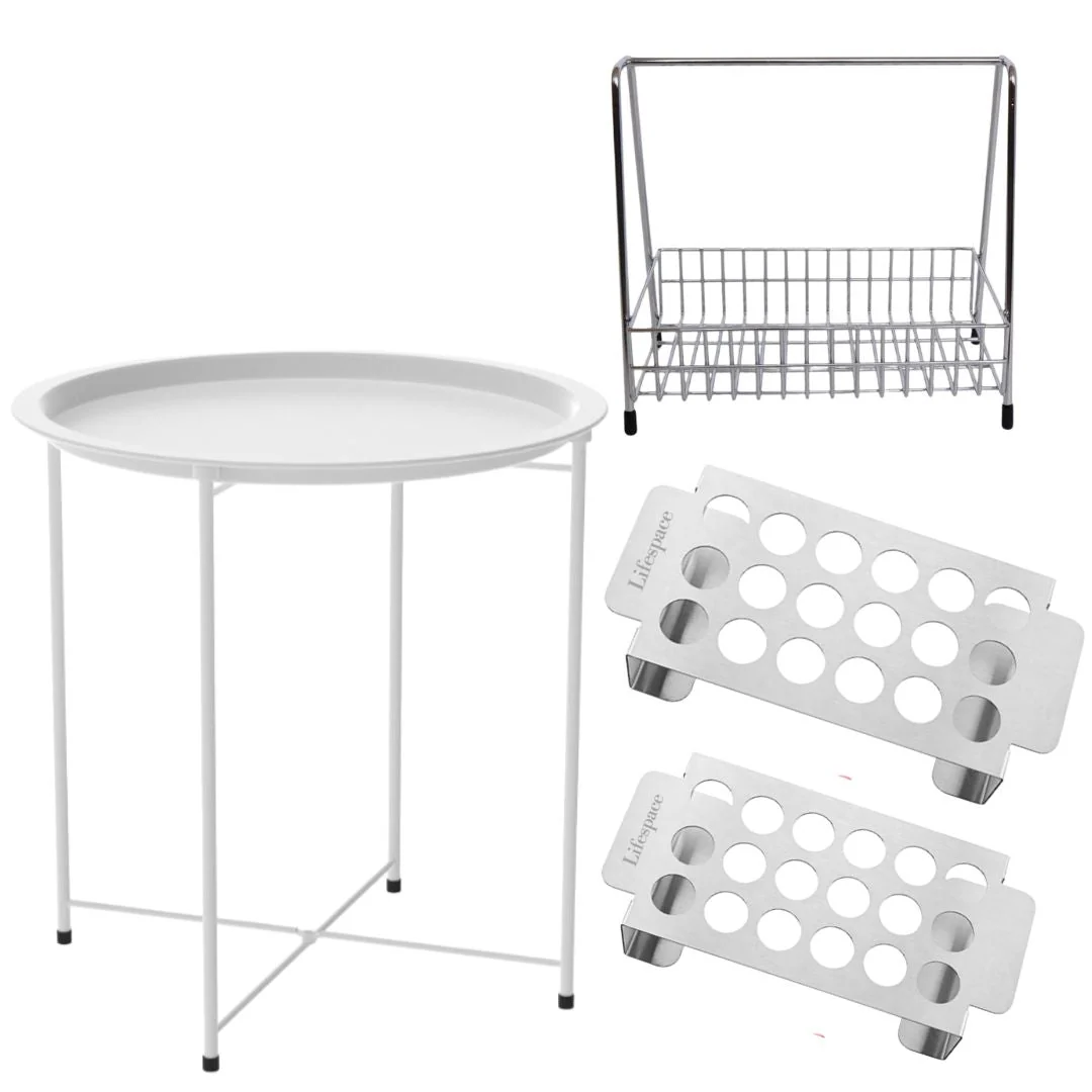 Lifespace Patio & Braai Essentials Bundle – Round Side Table + 2x Jalapeño/Drumstick Racks + Chrome Condiment Caddy