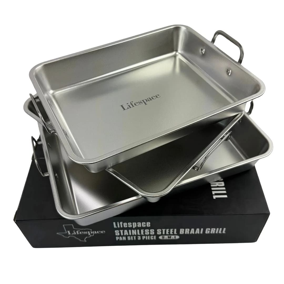 Lifespace Premium Quality 304 S/S Braai Pan Set with Micro-textured Base - S, M, L